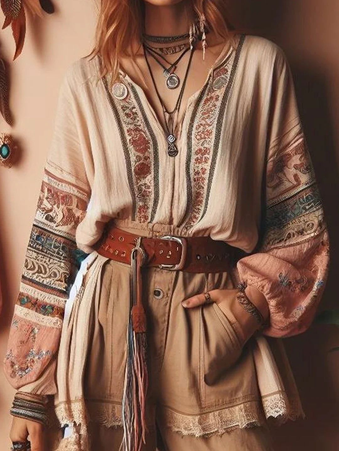 VARCAS Bohemian Print Patchwork Shirt